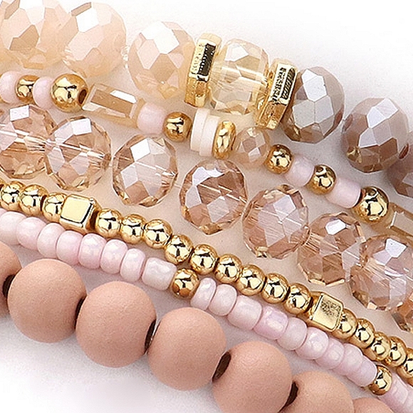 Pink Wood Ball Beaded 6 Piece Stacked MultiLayered Stretch Bracelets Gold - Picture 3 of 5